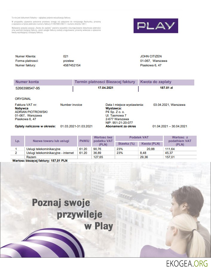 Poland Play utility bill template in Word and PDF format, fully editable